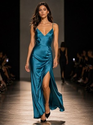 Satin Teal Slip Dress with Side Ruched Slit