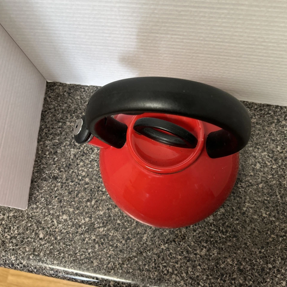 Tetera de acero esmaltada roja de 2,5 cuartos de galón COPCO rara y difícil de encontrar Foto 3 de 4