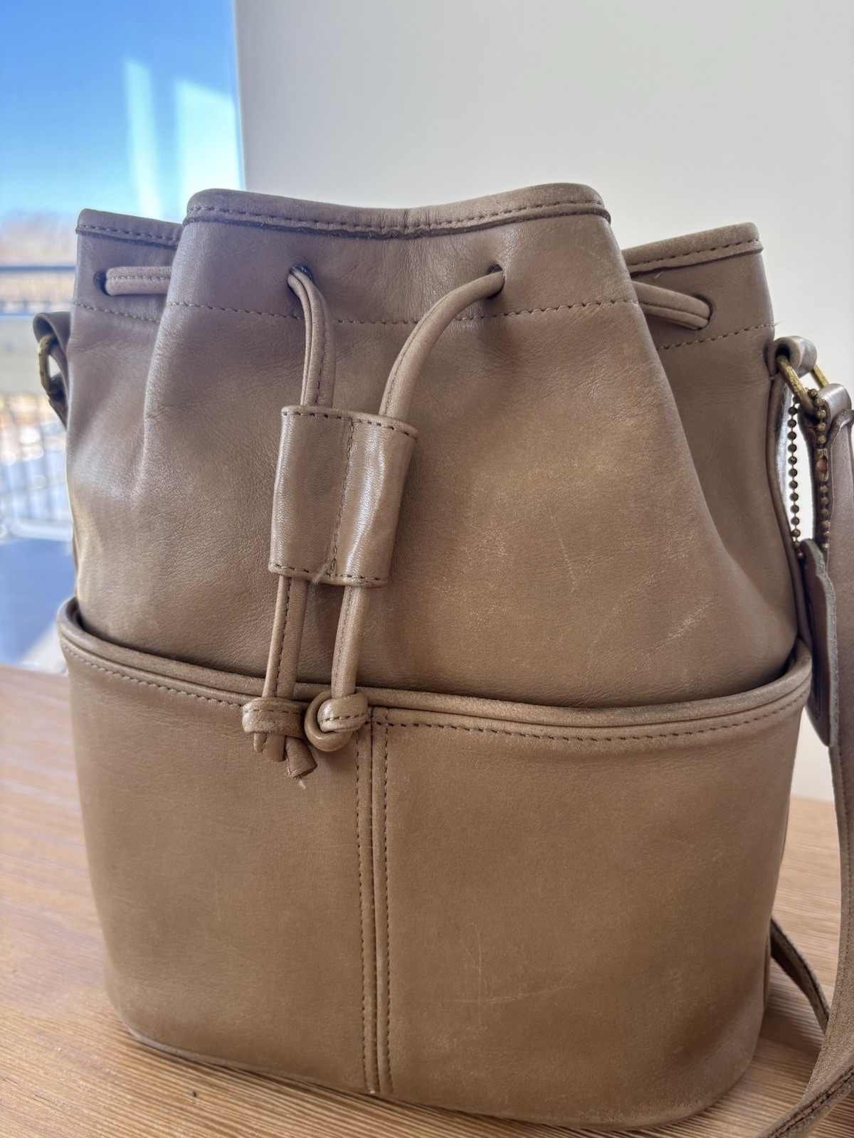 VINTAGE COACH RARE LEATHER DRAWSTRING CROSSBODY SAC BAG LIGHT BROWN GREY image 3