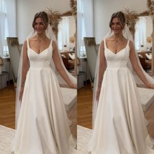 V Neck Wedding Dresses A Line White Ivory Satin Sleeveless Bridal Gowns