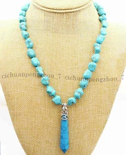 10-14mm Irregular Blue Turquoise Beads Hexagonal Point Pendant Necklace 14-32''