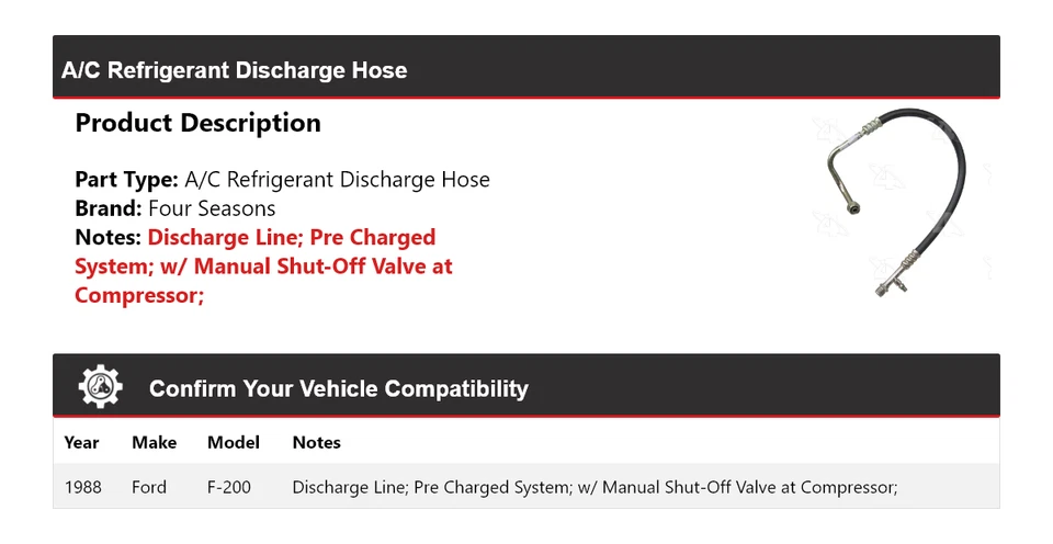 Manguera de descarga de refrigerante aire acondicionado Ford F-200 1988 4 estaciones Foto 2 de 4