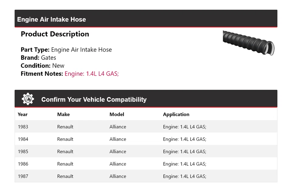 Puertas de manguera de admisión de aire de motor de gas L4 1,4 L Renault Alliance 1983-1987 1984 Foto 2 de 4