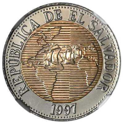 EL SALVADOR 5 Colones 1997 NGC MS64 'The Discovery of America' Not