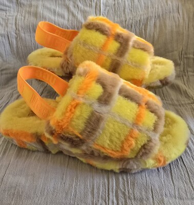 UGG Fluff Yeah Slide Plaid Punk Yellow Multi Slingback Women's Sandal Size 11