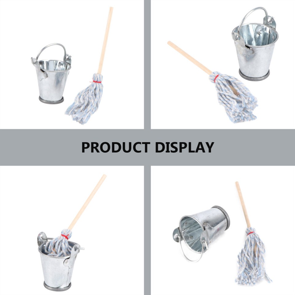 Dollhouse Toys Cleaning Tool Pretend Play Mini Mop Bucket and Washing