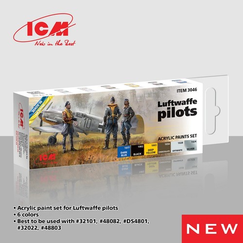 Acrylic Paints Set Luftwaffe pilots Grey Yellow Brown Green Blue 12mlх6 ICM 3046