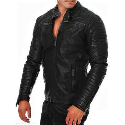 Men's Leather Jacket Motorcycle Biker Black Cafe Racer Original Sheep Leather