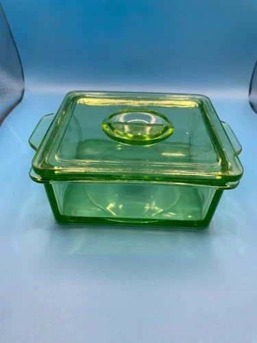 Vintage Hazel Atlas Green Uranium Depression Glass Refrigerator Box Dish W/Lid