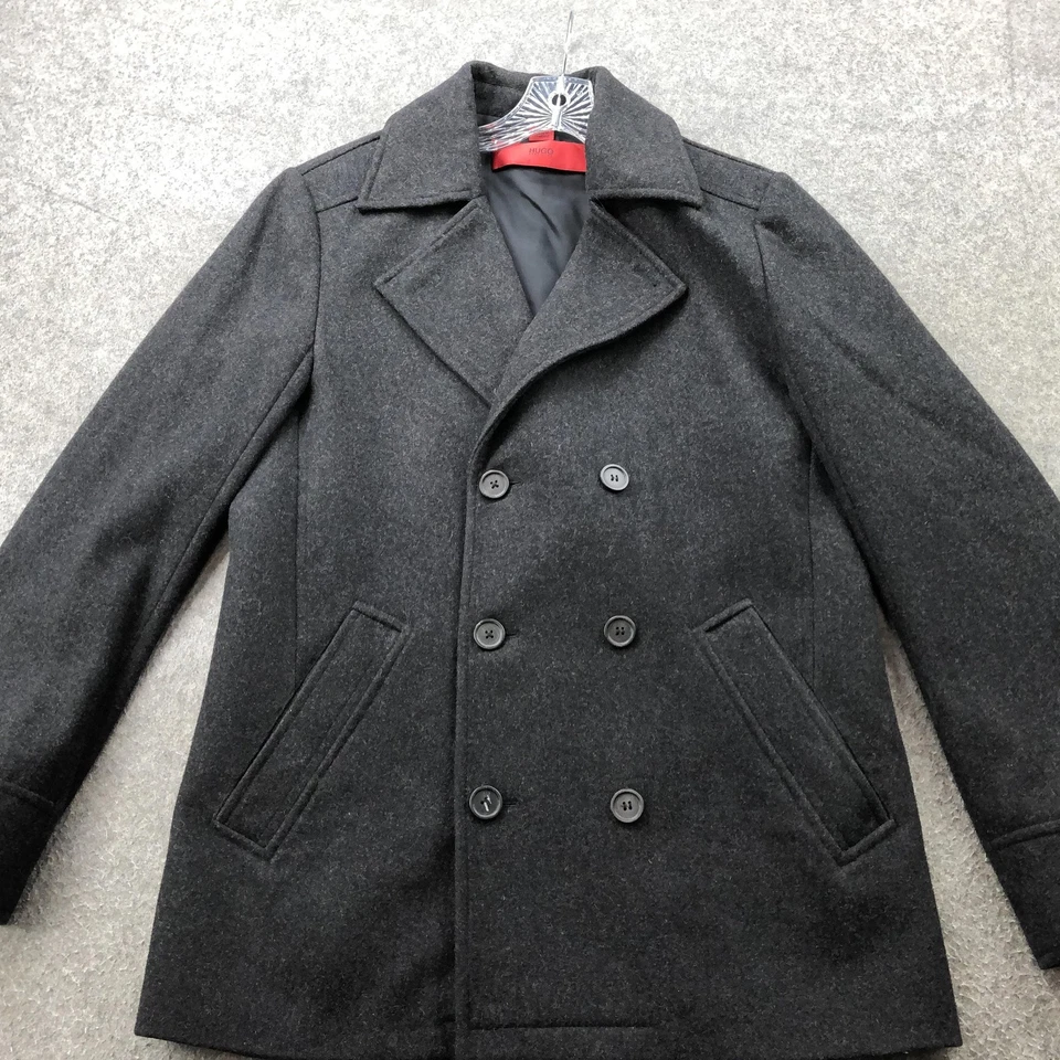 Hugo Boss Peacoat Mens Medium Charcoal Wool Blend Double Breasted Jacket - Image 3 of 4