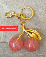 Pink Glitter Cherry Keychain Gold Tone Bag Charm, Cute Fruit Accessory
