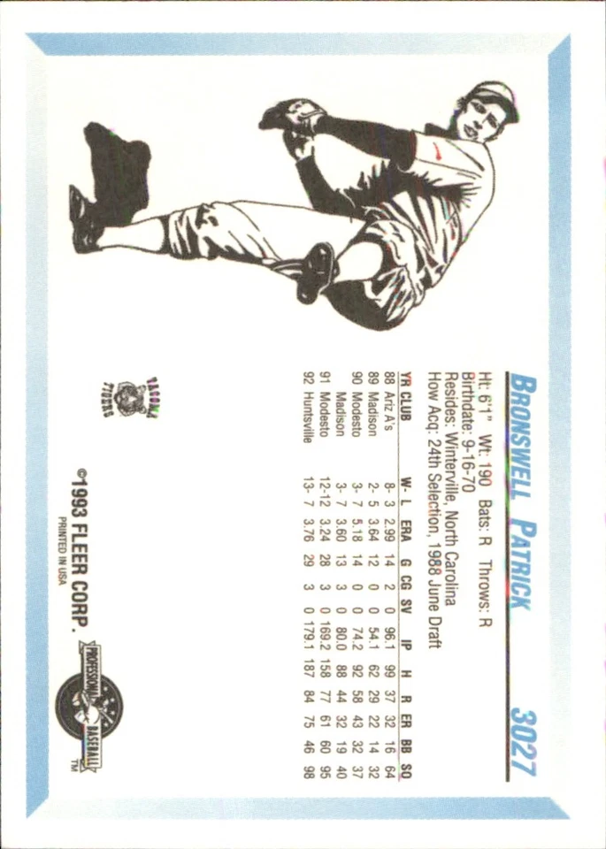 Bronswell Patrick 1993 Fleer ProCards #3027 RC Tacoma Tigers *AutographDen* - Image 2 of 2