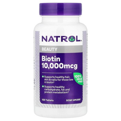 Natrol Biotin 10 000 mcg 100 Tablets Egg-Free, Fish Free, Milk-Free, No