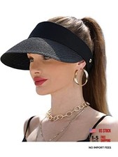 Women Wide Brim Straw Visor Sun Hat UV Protection Packable Beach One Size Black