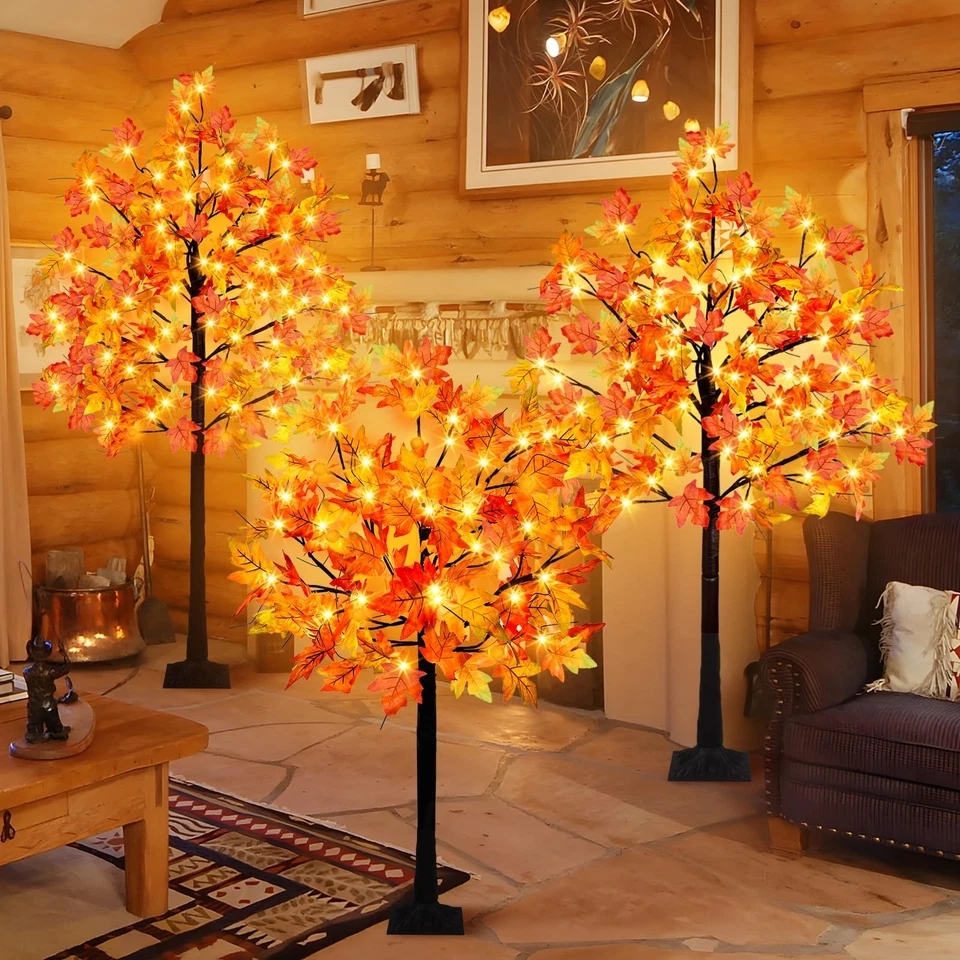 Paquete de 3 árboles de arce iluminados, 4 pies 5 pies 6 pies árbol de caída artificial con 216 luces a... Foto 2 de 4