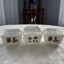 Vintage Pyrex Early American, White Brown Refrigerator 6 Piece Set Frigie