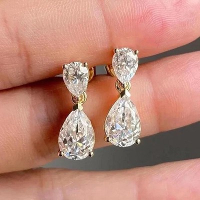 3.50Ct Pear Cut Lab Created Diamond Drop Dangle Earrings 14K Yellow Gold Plated