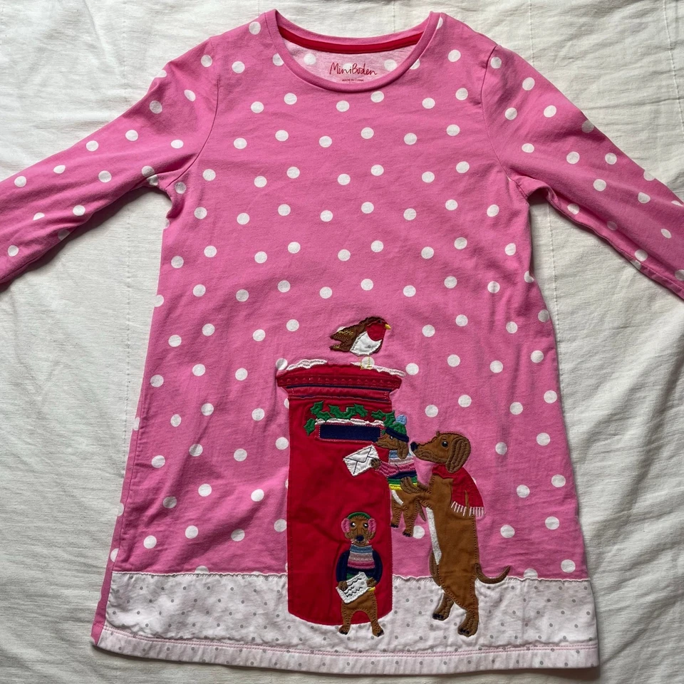 Mini Boden Pink Christmas Weiner Dog Appliqué Tunic Top Sz 11-12Y Girls Cotton - Image 2 of 4