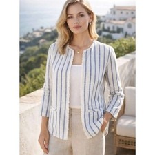 Chicos Blue White Striped Linen Jacket Size 6 Nautical Yacht Coastal