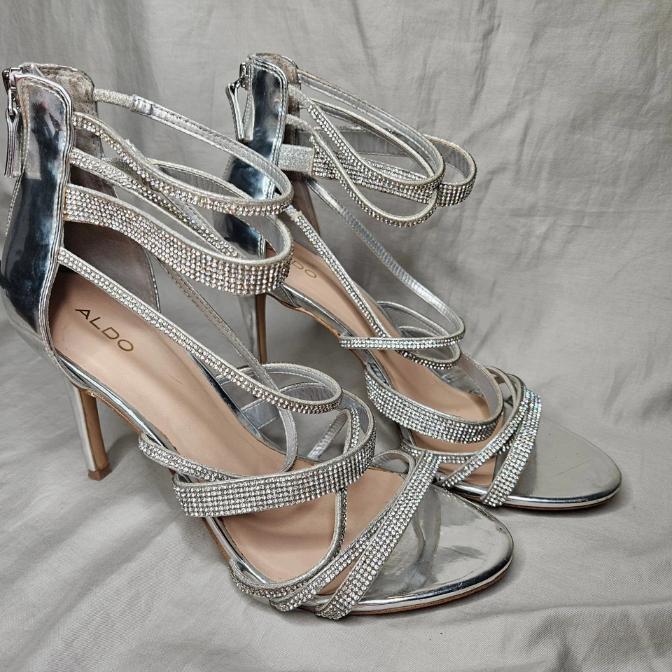 Salto formal feminino Aldo noite 11 prata strass tiras biqueira aberta agulha - Imagem 2 de 4