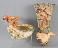 Antique Arts & Crafts Weller Woodcraft Pottery Squirrel Nut Bowl & Wall Pocket