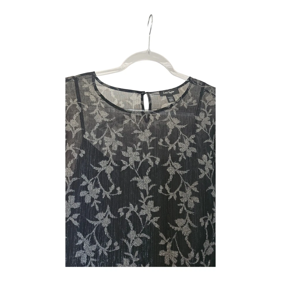 Lord & Taylor Womens L Blouse Black Floral Sheer Overlay Camisole Lined Shimmery - Image 3 of 4