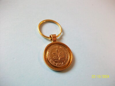 TEN (10) PFENNIG COIN - GERMANY - GOLD CASED PENDANT KEY RING - 1949 to 1996