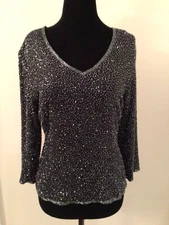 HOLT RENFREW COLLECTION Black Silk Beaded Glitter V-Neck Top Women 10 US