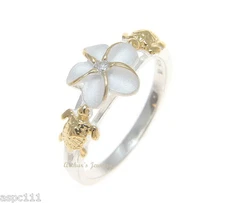 SILVER 925 HAWAIIAN PLUMERIA FLOWER TURTLE RING 2 TONE YELLOW SIZE 3 - 13