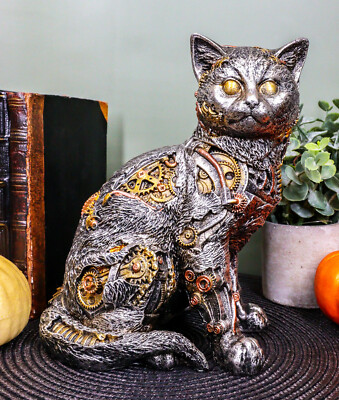 Ebros Steampunk Cyborg Cat with Clockwork Gears Nuts and Bolts Statue 8'' Tall