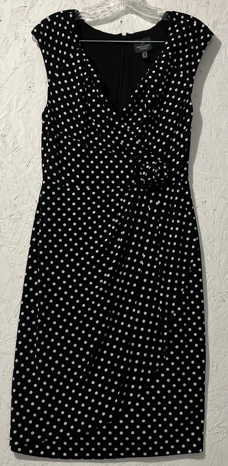 Adrianna Papell, Black White Polka Dot Faux Wrap Dress With Flower