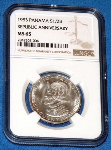 1953 Panama Silver Cincuentenario 1/2 Balboa - NGC MS 65 Certification - BU Gem