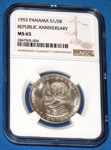 1953 Panama Silver Cincuentenario 1/2 Balboa - NGC MS 65 Certification - BU Gem