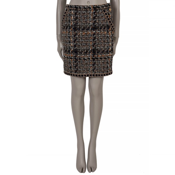 71408 authentisch Chanel braun marine beige Wolle & Mohair 16A ROM TWEED MINI Rock 38 S