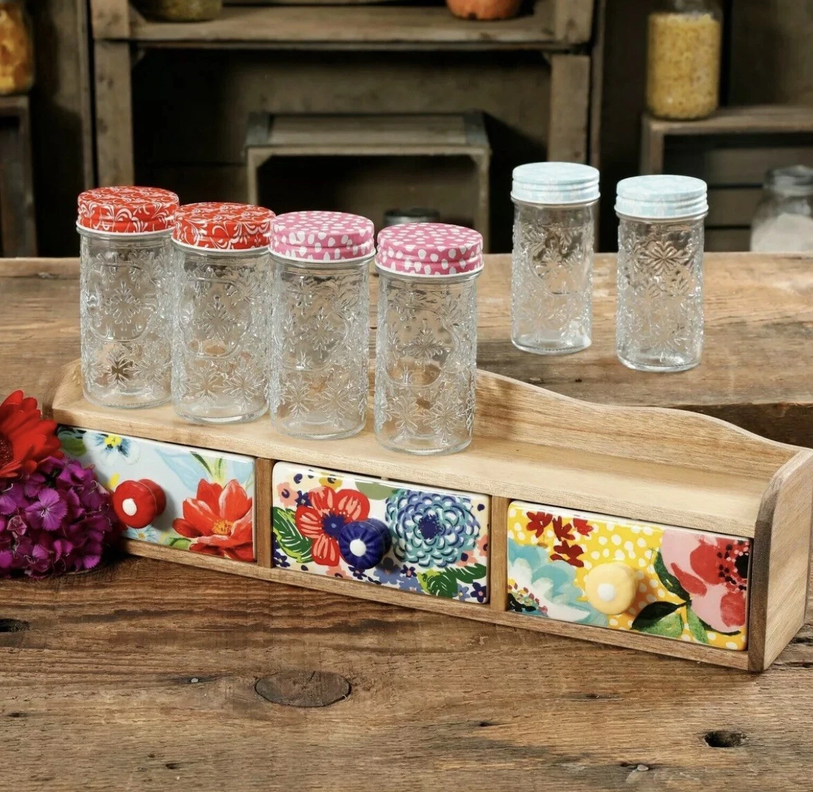 The Pioneer Woman Floral Medley 7-Piece Spice Rack Shelf Jars Set