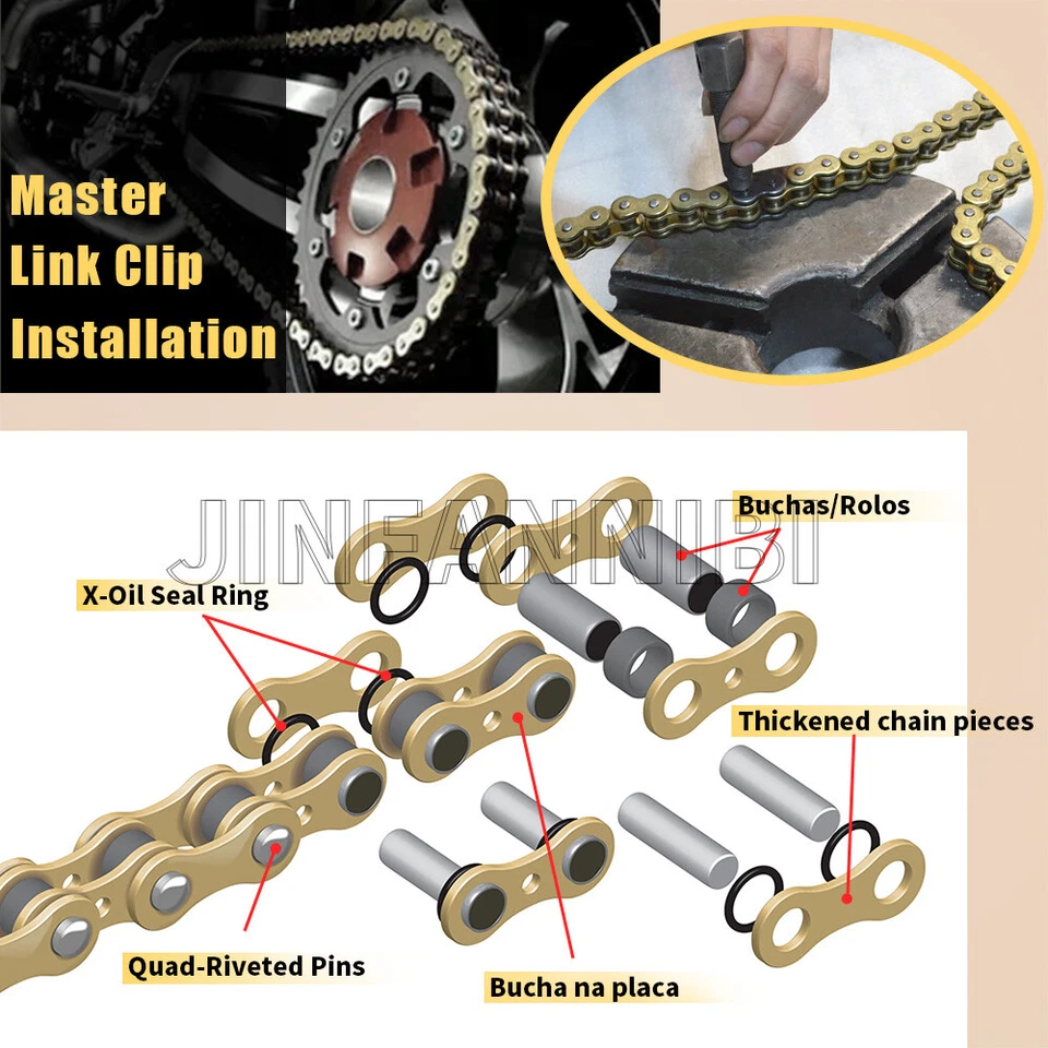 Cadena oro 520 X-Ring 112 eslabones con eslabón maestro de conexión para motocicleta Foto 4 de 4