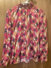 FRNCH Paris Women's Fuchsia Silky Floral Blouse Long Sleeve Smocked High Neck M