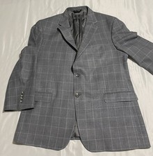 Jos A Bank Grey and Blue Windowpane Sharkskin Blazer Men  s 48R Silk/Wool