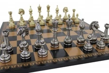 Italfama Handmade Metal Chess Set, Gold/Silver, Black/Gold Faux Leather Board