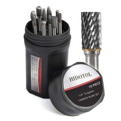 HIDOTOL Carbide Burr Set 1/4'' Shank 10PC Tungsten Double Cut - 1/4 shank