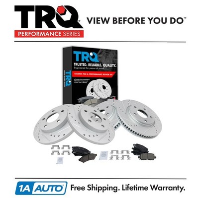 TRQ Brake Rotor Drilled Slotted Zinc Coated & Ceramic Pad Front & Rear Kit