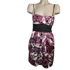 Speechless Vintage Pink Paisley Satin Cocktail Dress Black Bow Empire Waist  S
