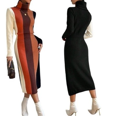 Striped Turtleneck Sweater Dress Colorblock Long Sleeve Midi Size XL