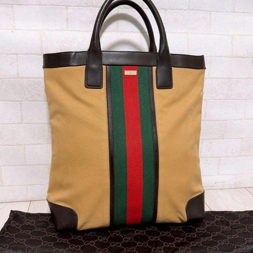 GUCCI Sherry Line Tote Hand Bag Leather Canvas Brown Beige Silver Hardware Japan