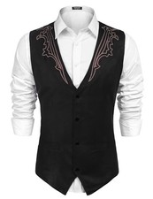 Men's Suede Leather Vest Cowboy Western Waistcoat Medium Black With Pattern 