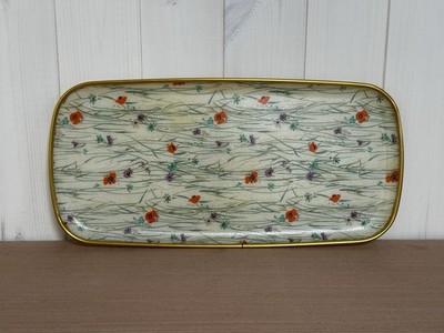 Vintage Keswick rechteckiges Fiberglas Blumen Serviertablett Goldrand #A453 