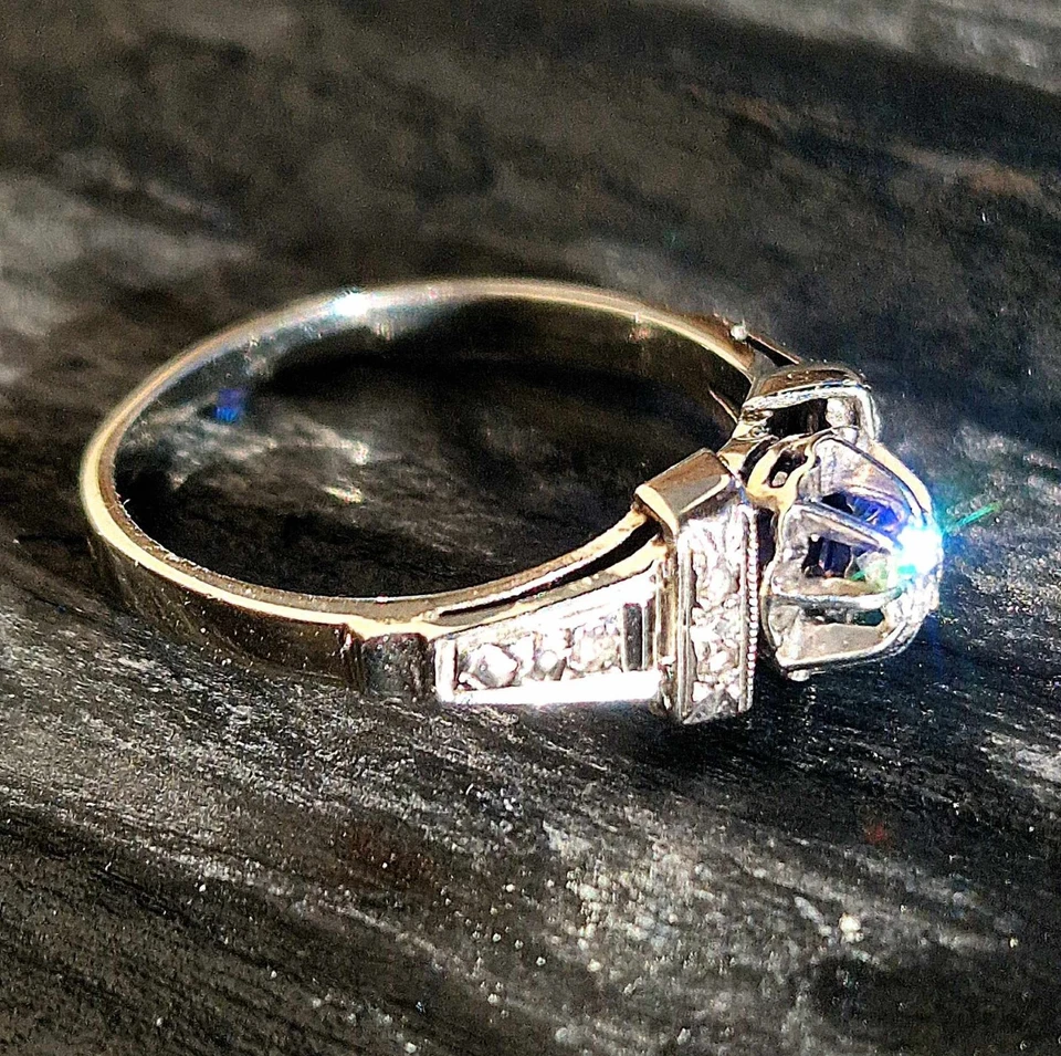 SPLENDIDE BAGUE ANCIENNE ART DECO OR BLANC 18 CT ET DIAMANTS - Photo 3/4