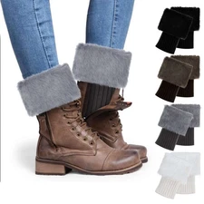 Womens Winter Leg Warmer Crochet Knitted Faux Fur Trim Boot Socks Toppers Cuff