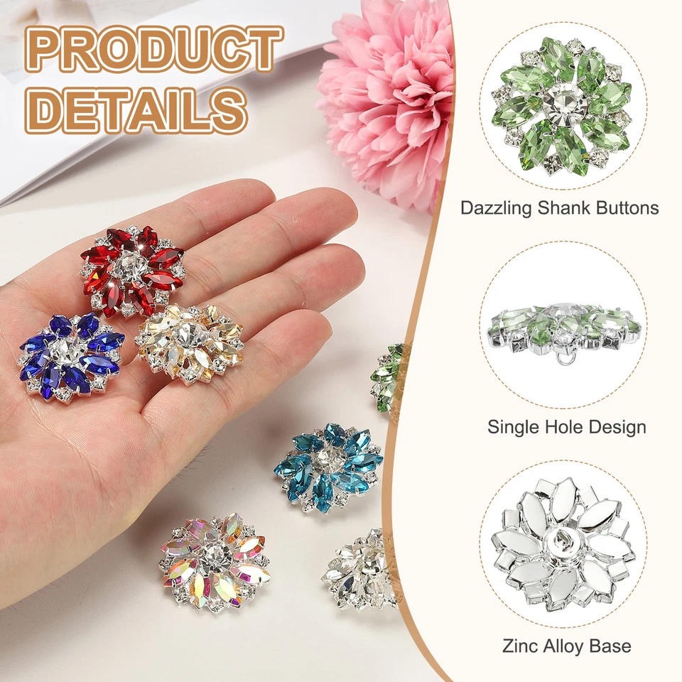 12Pcs Flower Rhinestone Buttons, 1" Light Green Crystal Shank Buttons - Image 4 of 4