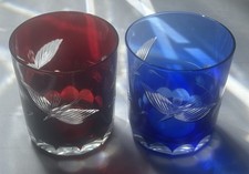 Edo Kiriko Style Cut Crystal Glasses Flying Crane Set Of Two 1 Red and 1 Blue
